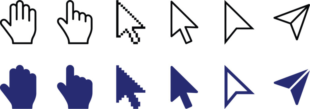 Computer mouse click cursor isolated on transparent. Cursors icons click set. Cursor set in hand, arrow and mouse forms, hand pointer.