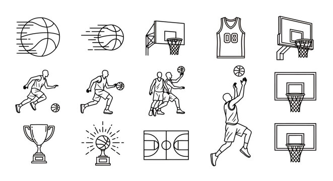Dynamic collage of basketball action featuring players, hoops, and a trophy in a competitive sports montage.