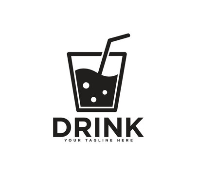 Refreshing drink glass logo design with a straw and bubbles, Vector image