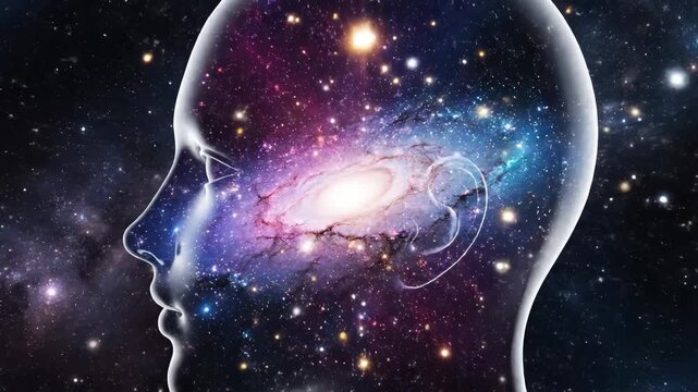 A transparent human head silhouette filled with a vibrant galaxy and stars, symbolizing the vastness of human consciousness and thought. This visual represents deep thinking, spirituality