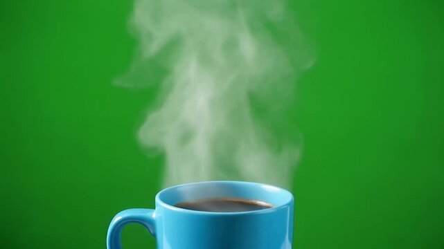 Steaming hot coffee in blue mug.