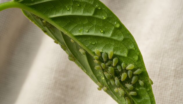 Close up of a colony of green aphids causing an infestation on a houseplant leaf under surface with water droplets for agriculture and gardening pest control concept