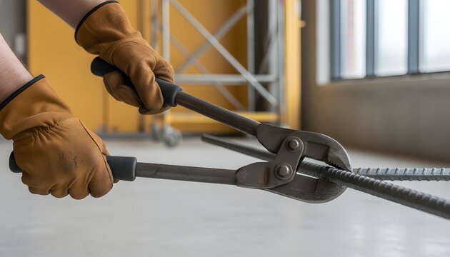 Professional construction worker cutting rebar with bolt cutter tool on an indoor site for building renovation concept showing manual labor and strength