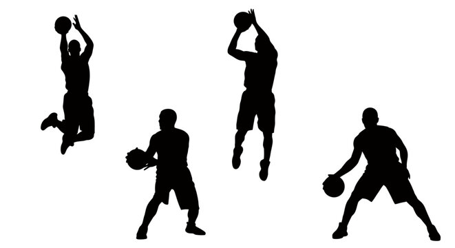 Silhouettes of People Playing Basketball in Action Across a Court.