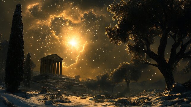 Ethereal temple amidst starry twilight, evoking serenity and ancient wonder