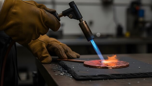 Metal worker annealing metal with a torch in a workshop, artisan craftsman heating a copper plate for jewelry fabrication process, professional industrial craftsmanship concept