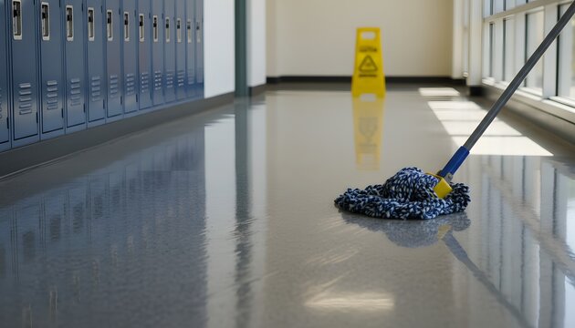 Professional janitor mopping the hallway near lockers in an empty school or college building for a cleanliness and maintenance concept with natural light