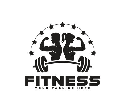 Fitness logo template featuring silhouettes of a man and a woman flexing above a barbell