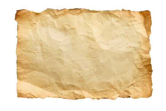Old crumpled parchment paper with torn ragged edges, an antique blank document texture for vintage messages on transparent background