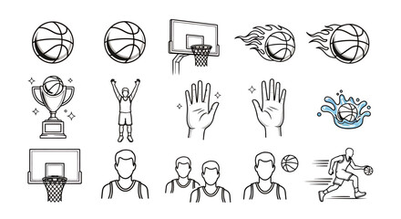 Obraz premium Vibrant sketch-style scenes of basketball players in action around hoops, celebrations, and a trophy.