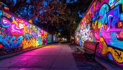 Naklejka premium Vibrant Graffiti Alleyway Illuminated by Colorful Lights at Night with a Park Bench and Scattered Leaves on Pavement