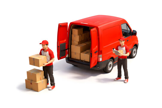 Courier ready to deliver packages with transport truck to customer 