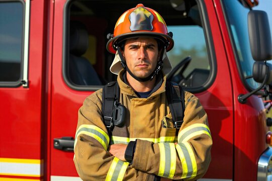 Male Firefighter Standing In Front Of Red Fire Engine Wearing Standard Firefighting Gear Includes Orange Helmet With Reflective Stripes Yellow Safety Straps Across
