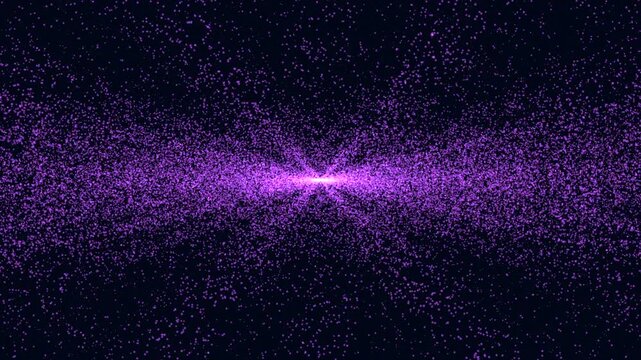 Abstract footage of purple glowing particles forming a symmetrical wave and bright center burst on a dark background, ideal for sci fi, technology, energy, and motion graphics