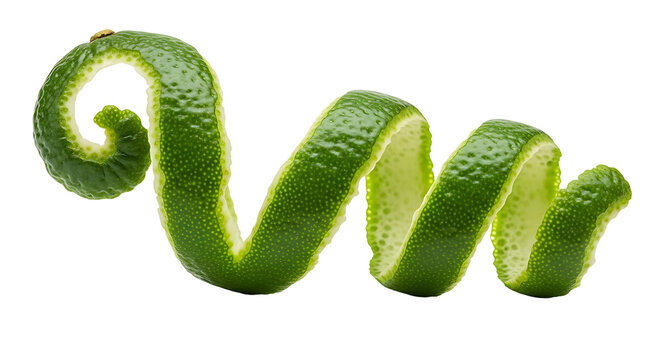 A green lime peel curls into a wavy shape PNG isolated on transparent background