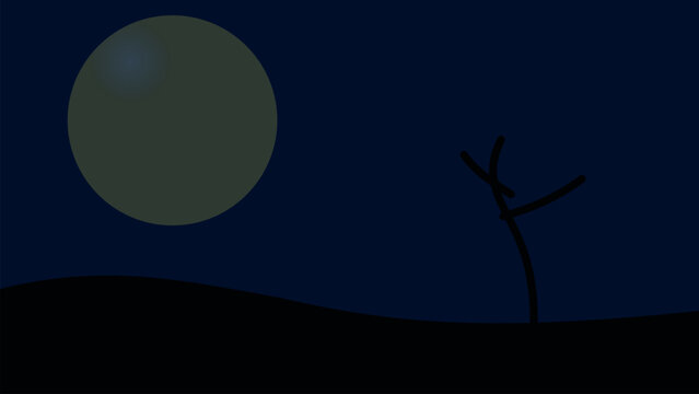 Silhouette of a tree under a glowing green orb in the night sky Vector