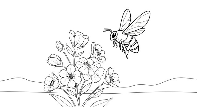 Bee flying near flower blossoms.