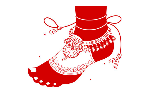 Indian Bridal Foot with Mehndi Henna Tattoo, Decorative Anklet Payal and Ornate Heeled Shoe Red Illustration for Wedding, Festival, and Traditional Indian Culture Design