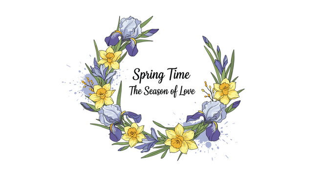 Circular flower wreath with purple irises and yellow daffodils and spring time the season of love text on a white background.