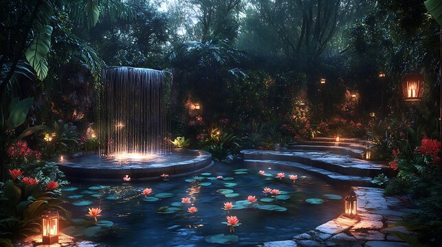 Enchanting garden oasis with waterfall, pond, lotus and lantern ambiance