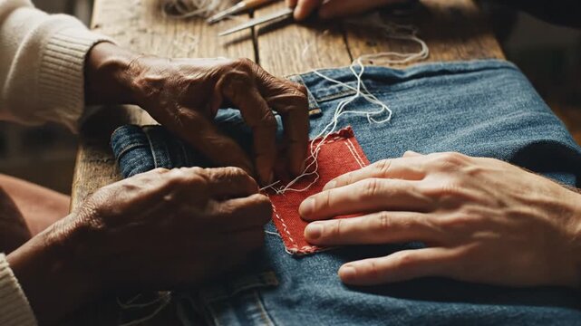 Hands stitching fabric on denim cloth crafting and repair concept