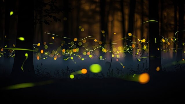 A serene forest scene illuminated by the soft glow of fireflies at night