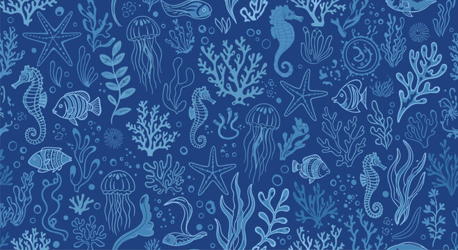 Blue seamless pattern featuring various sea creatures like fish seahorses jellyfish starfish and coral reef elements in sketch style.