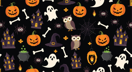 Obraz premium Fun halloween seamless pattern on black background with pumpkins ghosts owls haunted houses witches hats and spiders for spooky decor.
