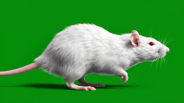 A white albino rat runs on a green screen. Ideal for compositing into scientific, educational, or creative projects.