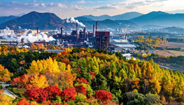 Vibrant Autumn Forest Landscape Leading to an Industrial Cityscape with Smoke Stacks Under a Clear Blue Sky