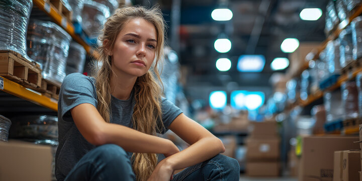 A female retail employee sits on a box in a warehouse with a tired expression on her face.