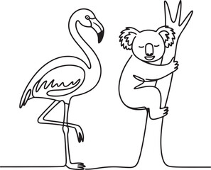 One-line drawing of a flamingo standing on one leg and a koala clinging to a tree © Mahfuzur