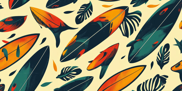 Tropical surfboard patterns with palm leaves and retro