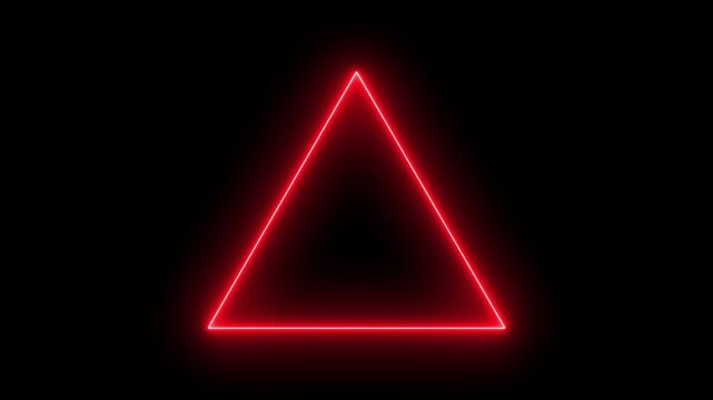 A vibrant red glowing neon triangle frame centered against a solid deep black background. This minimalist design features clean lines with a high-contrast futuristic and electric aesthetic.