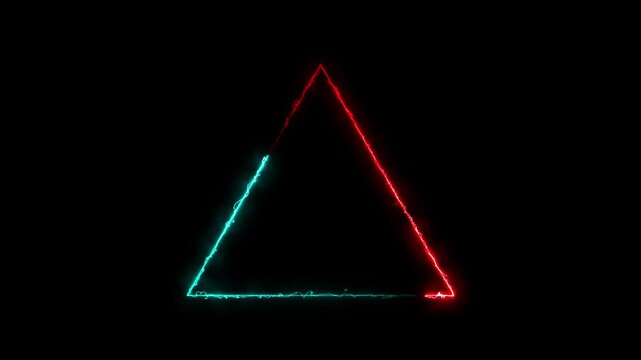 An abstract neon triangle glowing with vibrant red and cyan light effects against a solid black background, creating a futuristic, energetic, and modern visual design element.