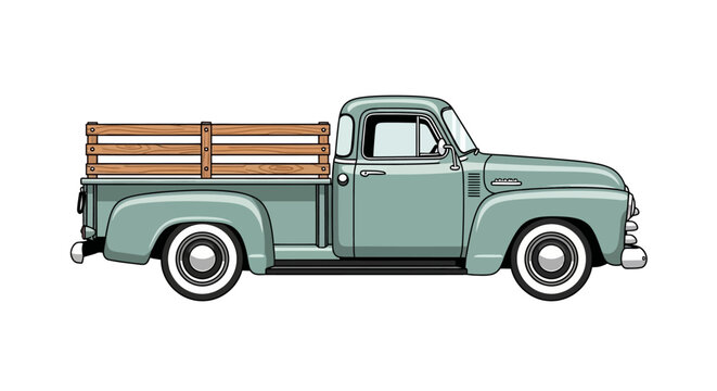Vintage green pickup truck with wooden bed.