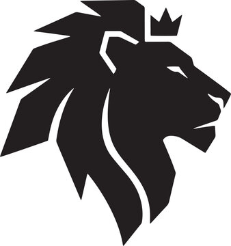 Geometric lion head, black crown icon, vector silhouette, king of beasts logo, modern minimalist design