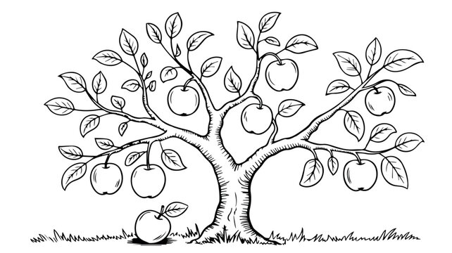 A bountiful apple tree laden with ripe fruit and lush leaves, rooted firmly in the ground, depicted in a classic black and white line art style.