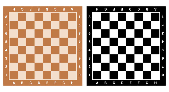 Two empty chessboards one in classic black and white and one in color. Clean vector grid 8x8 layout without pieces. Ideal for strategy games or educational materials.