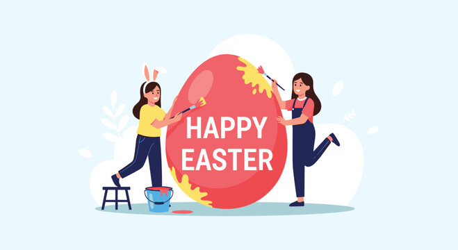 Two girls in overalls and bunny ears are having fun painting a large red Easter egg with yellow paint on a light blue background.