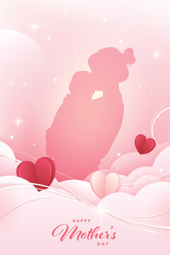 Mother's Day poster design with a silhouette of a mother holding her baby, vector illustration.