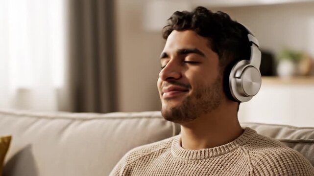 Man enjoys music with headphones indoors sitting on sofa smiling