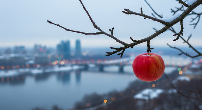 A close-up of ripe red (Malus) apples on the tree