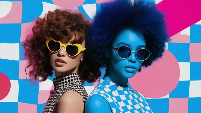 Two stylish women with curly hair wearing trendy sunglasses and patterned outfits in vibrant colorful background
