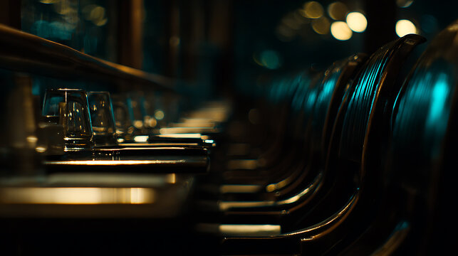 Empty bar seats with glasses emphasizing advanced technology and cyber security