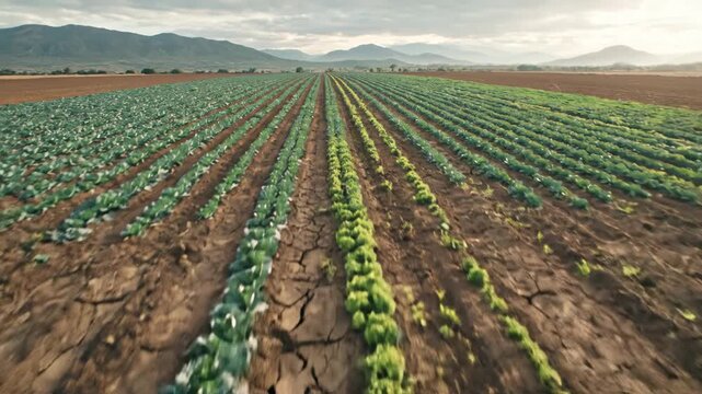 Organic vegetable farm with rows of green crops growing in fertile soil under cloudy sky and distant mountains