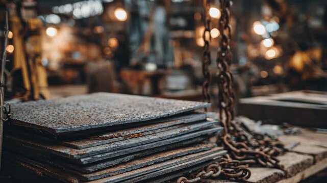 Rusty metal plates stacked in industrial workshop with heavy chains and warm lighting