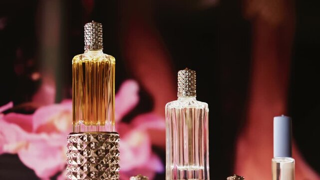 Luxury perfume bottles display with elegant design and golden liquid against soft floral background.