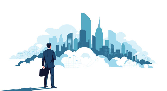 Visionary businessman standing in the clouds while looking towards a futuristic city skyline representing corporate goals and success.