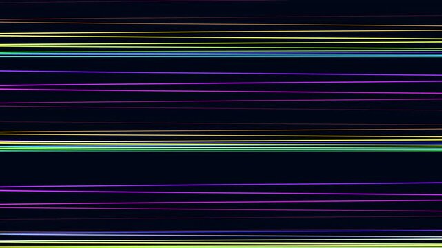 Colorful neon lines and glowing light trails sweep across a dark background, creating an abstract motion backdrop for technology, music visuals, and modern design projects